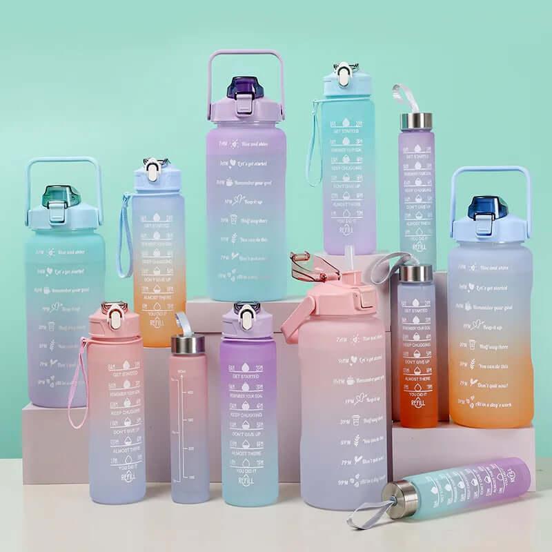 Conjunto de garrafa de água familiar, 3 peças, 2000ml, 900ml, 280ml, reutilizável, portátil, copos esportivos de verão, garrafa de água com tempo