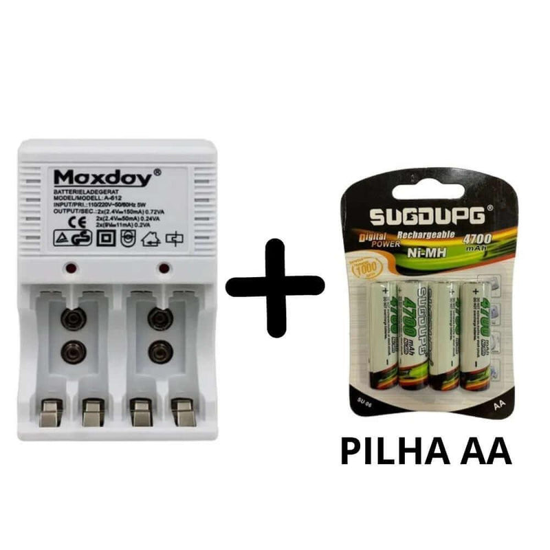 Kit Carregador de Pilhas Recarregáveis e Pilhas