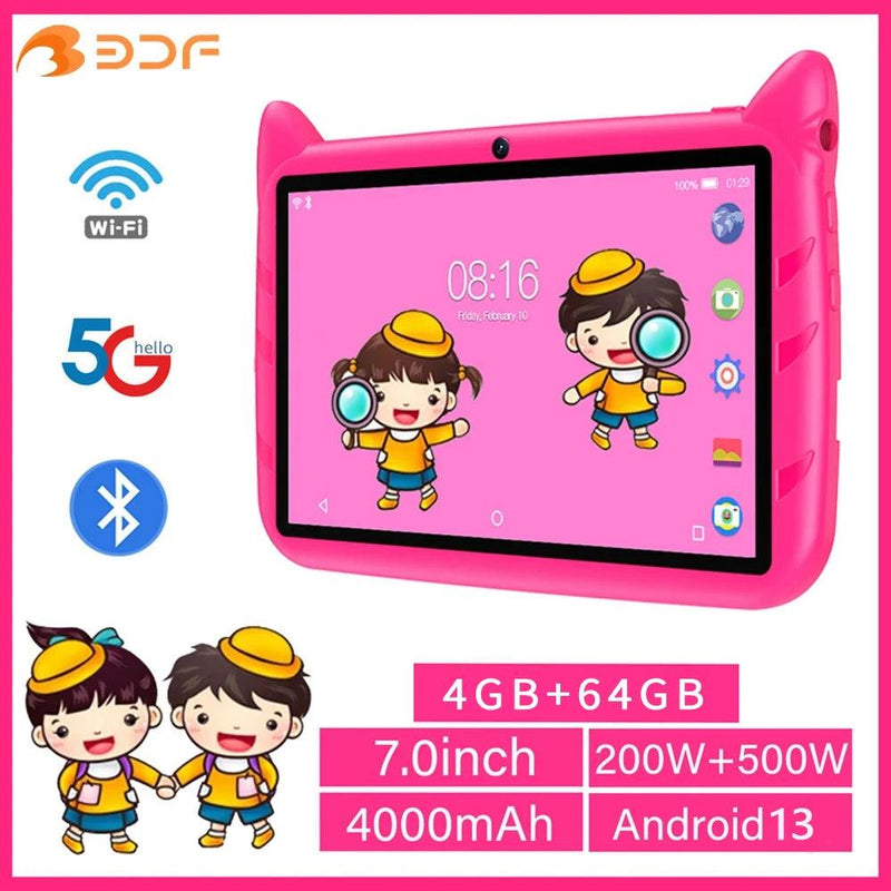 BDF Tablet com Câmera Dupla para Crianças, Android 13, 4GB de RAM, 64GB ROM, Expansão de 1TB, 5G WiFi, 4000mAh, 7 Polegadas