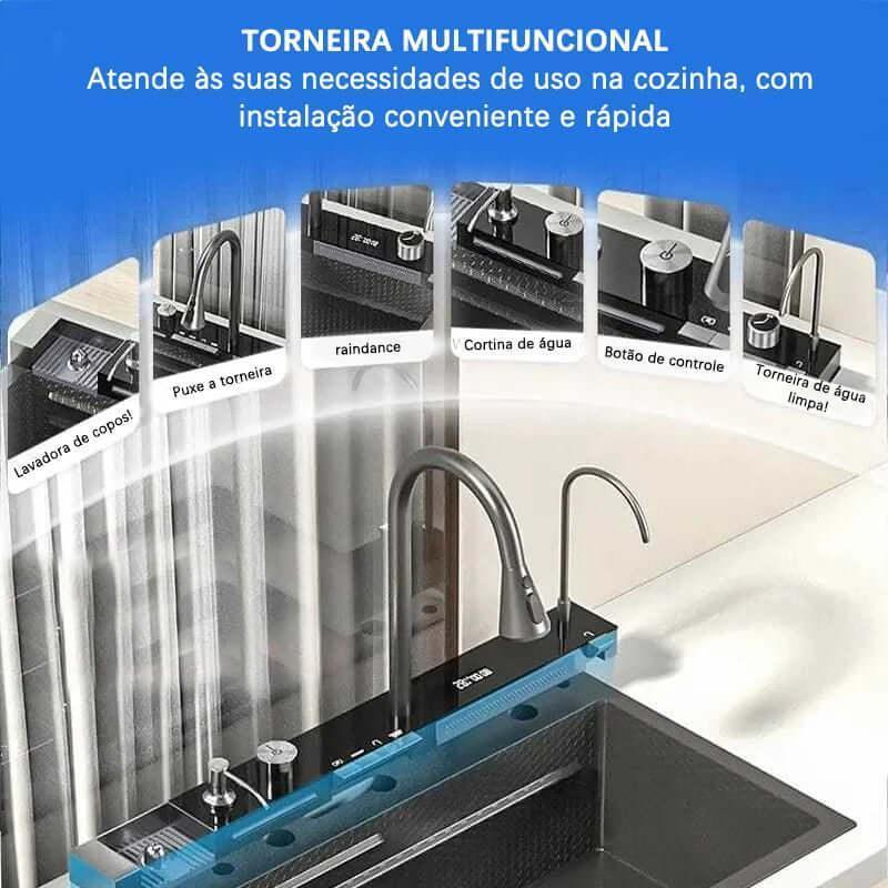 Kit Cuba Cozinha Gourmet Aço Inox c/ Torneira Flexível Preta Display LED Temperatura 75x45x20 cm