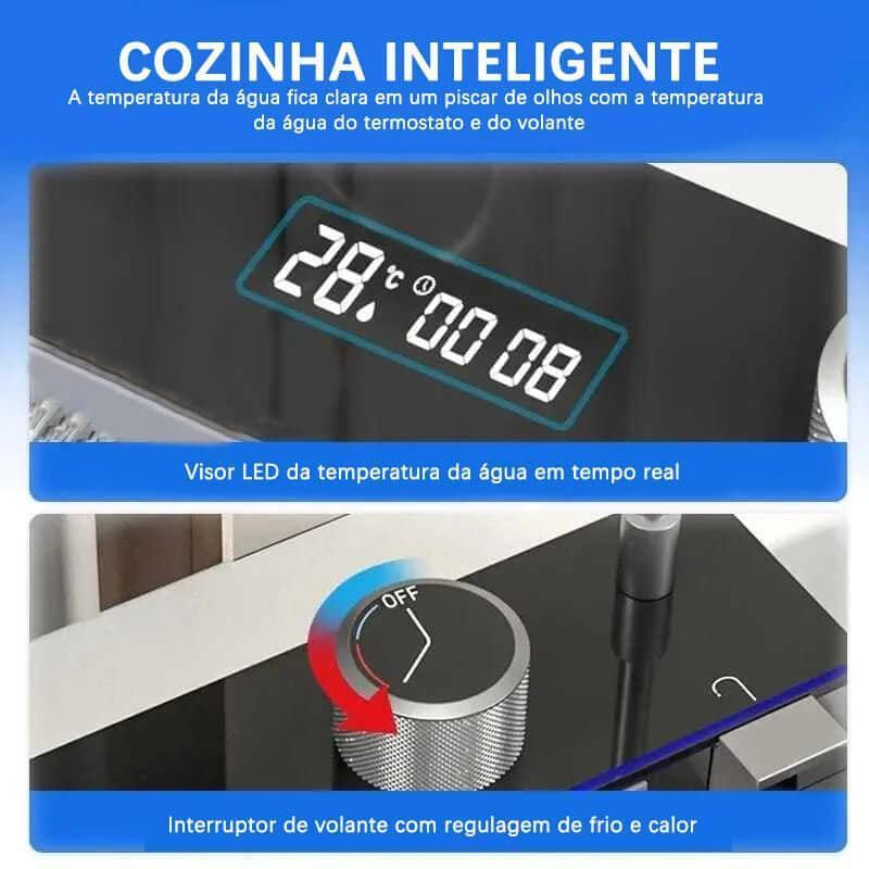 Kit Cuba Cozinha Gourmet Aço Inox c/ Torneira Flexível Preta Display LED Temperatura 75x45x20 cm