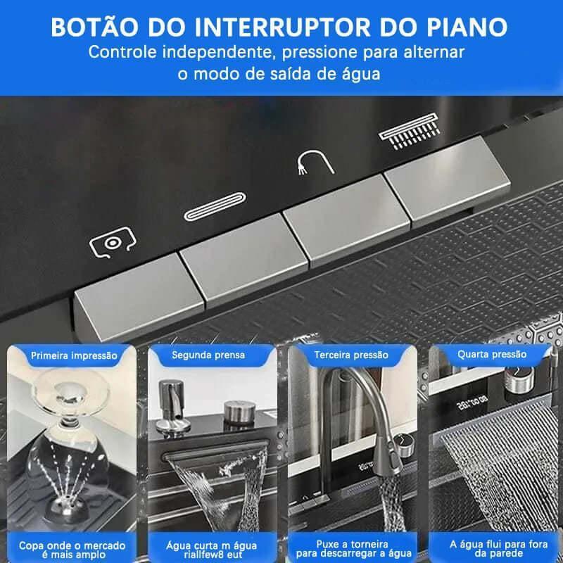 Kit Cuba Cozinha Gourmet Aço Inox c/ Torneira Flexível Preta Display LED Temperatura 75x45x20 cm