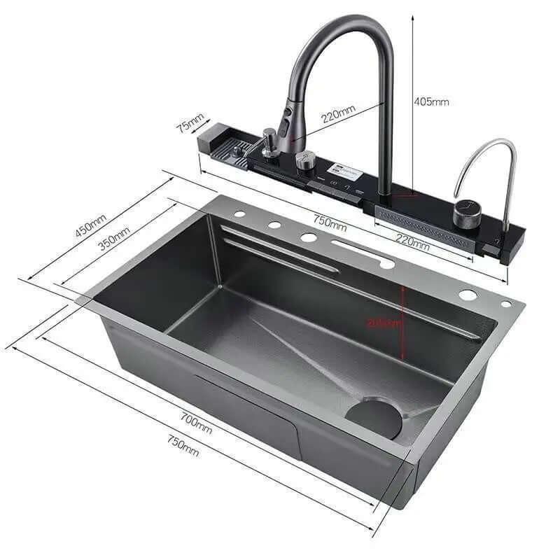 Kit Cuba Cozinha Gourmet Aço Inox c/ Torneira Flexível Preta Display LED Temperatura 75x45x20 cm