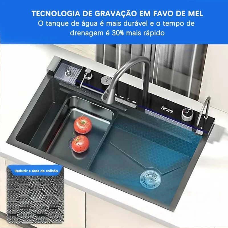Kit Cuba Cozinha Gourmet Aço Inox c/ Torneira Flexível Preta Display LED Temperatura 75x45x20 cm