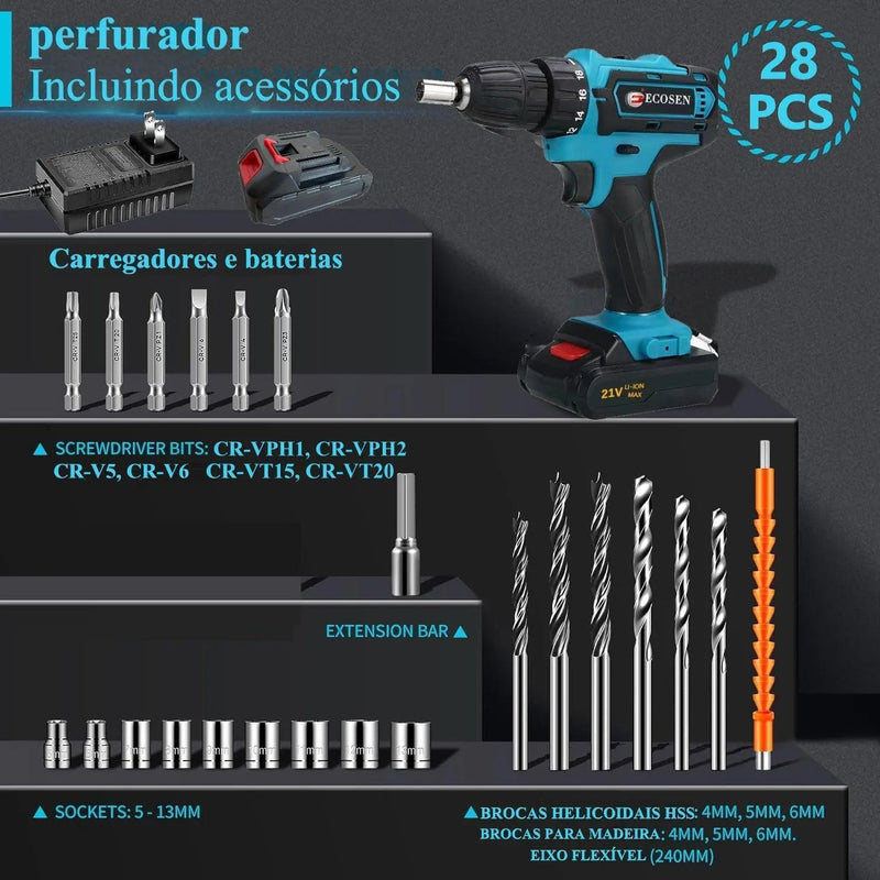 Parafusadeira e Furadeira Maleta Portátil 2 Baterias 21V 28 Pcs Cor Azul 110/220