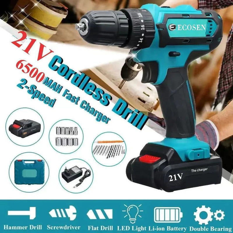 Parafusadeira e Furadeira Maleta Portátil 2 Baterias 21V 28 Pcs Cor Azul 110/220