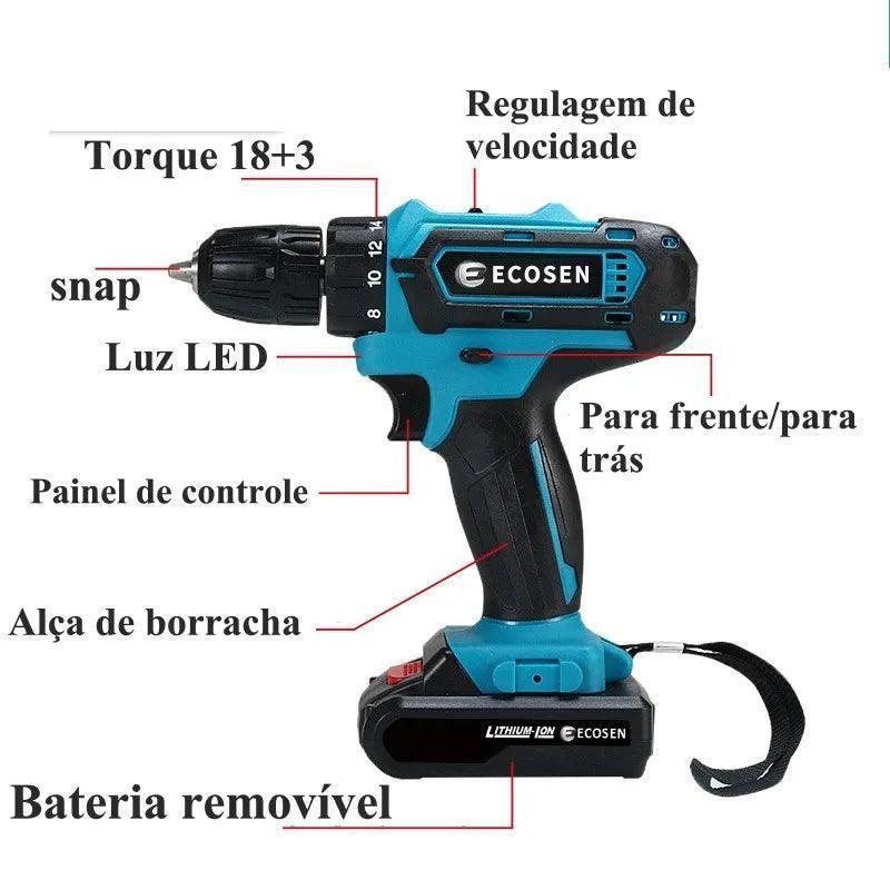 Parafusadeira e Furadeira Maleta Portátil 2 Baterias 21V 28 Pcs Cor Azul 110/220