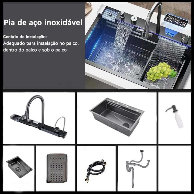 Kit Cuba Cozinha Gourmet Aço Inox c/ Torneira Flexível Preta Display LED Temperatura 75x45x20 cm