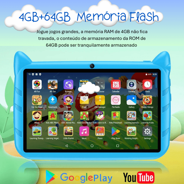 BDF Tablet com Câmera Dupla para Crianças, Android 13, 4GB de RAM, 64GB ROM, Expansão de 1TB, 5G WiFi, 4000mAh, 7 Polegadas